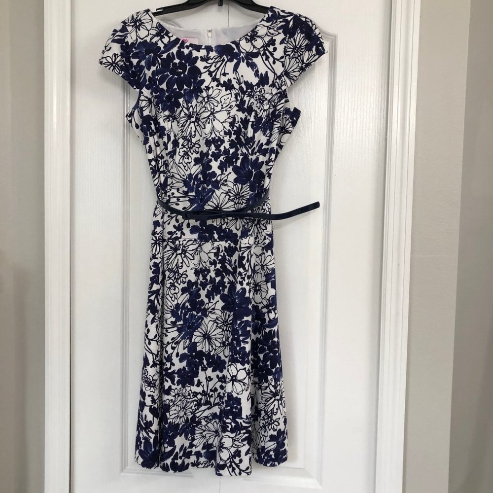 9&CO. Womens Belted floral cap sleeve midi dress navy/white 10